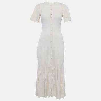 Pre Owned Sandro Cream Pointelle Knit Flared Midi Dress S