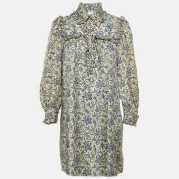 Pre Owned Sandro Cream Harmonie Print Silk Ruffle Mini Dress S