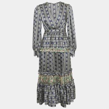 مملوكة مسبقًا Sandro Navy Blue Floral Print Satin Valentina Ruffled Midi Dress XS