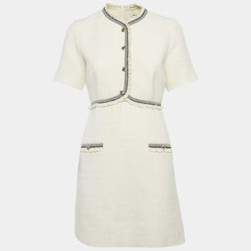 Pre Owned فستان ساندرو كريمي تويد قصير صغير الحجم