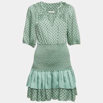 مملوكة مسبقًا Sandro Green Printed Faille Smocked Detail Mini Dress S