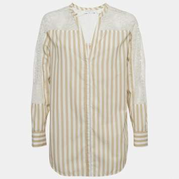 Pre Owned Sandro Beige & White Striped Cotton & Lace Shirt M