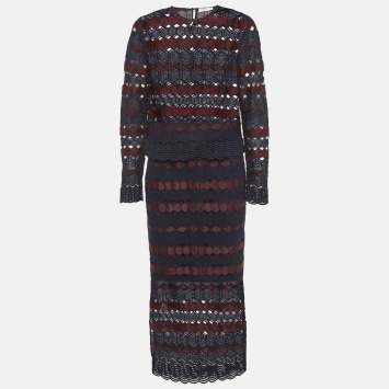 Pre Owned Sandro Blue/Maroon Lace Top and Pencil Skirt Set L/M