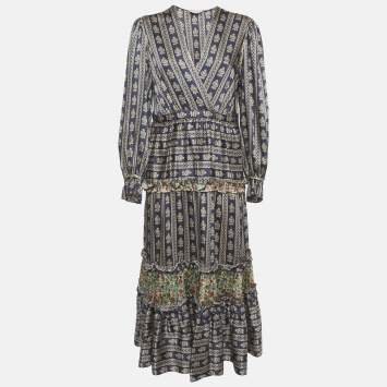 Pre Owned Sandro Navy Blue Floral Print Satin Valentina Ruffled Midi Dress L