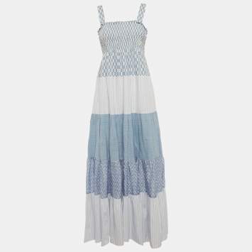 Pre Owned Sandro Blue Printed Cotton Maxi Tropea Dress S