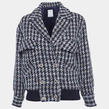 Pre Owned Sandro Blue/White Houndstooth Double Breasted Jacket S