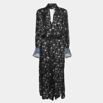 Pre Owned Sandro Black Floral Print Satin Bonny Cutout Pleated Midi Dress M