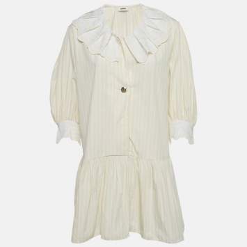 Pre Owned فستان ساندرو كريمي قطن مخطط بياقة مطوية قصير كبير الحجم