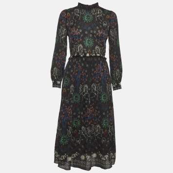 Pre Owned فسـتان ساندرو أسود بطباعة شيفون بكشكش متوسط الطول بمقاس صغير جداً