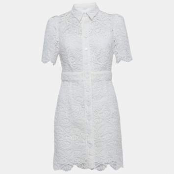 Pre Owned فستان ساندرو أوف وايت دانتيل جوبير زهري ميني كبير