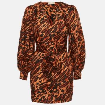 Pre Owned Sandro Brown Leopard Print Silk Mini Dress XS