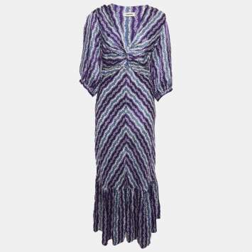 Pre Owned Sandro Purple Floral Stripe Satin Keyhole Brumela Midi Dress S