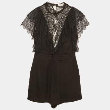 Pre Owned Sandro Black Crepe and Lace Detail Playsuit XS