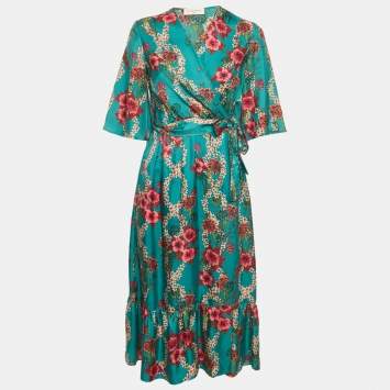مملوكة مسبقًا Sandro Turquoise Floral Print Silk Midi Wrap Dress M 
