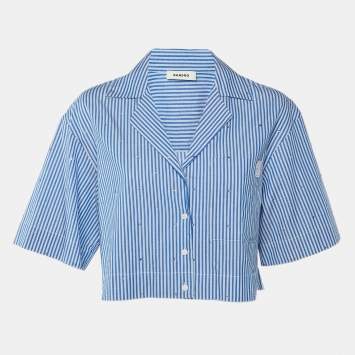 مملوكة مسبقًا Sandro Blue Striped Cotton Embellished Crop Shirt M