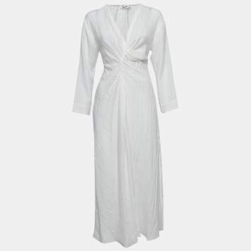 Pre Owned Sandro White Crinkled Satin Ruched Midi Dress M