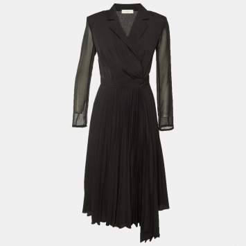 Pre Owned Sandro Black Crepe & Plisse Wrap Style Midi Dress S