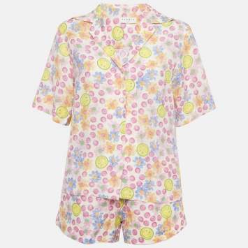 Pre Owned Sandro X Smiley Multicolour Printed Linen Blend Flowing Shirt and Shorts Set XS