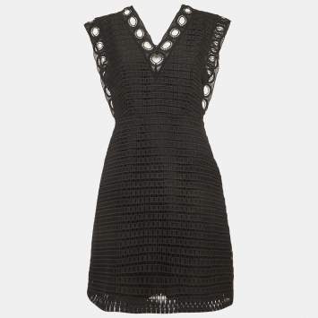 مملوكة مسبقًا فساتين ساندرون أسود كروشيه دانتيل بحافة رقبة V قصيرة صغيرة الحجم