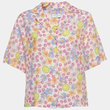 Pre Owned Sandro x Smiley Pink Floral Print Linen Blend Shirt M