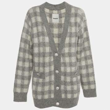 Pre Owned Sandro Grey Check Jacquard Fuzzy Knit Wool V-Neck Ontario Cardigan M