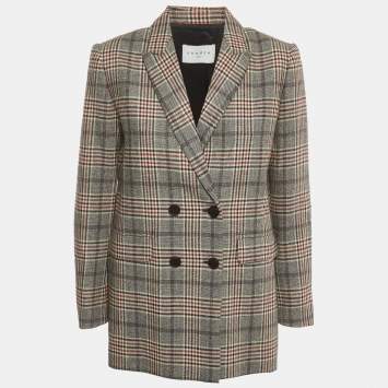 Pre Owned Sandro Grey Plaid Wool Blend Double Breasted Lauryn Blazer M