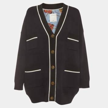 مملوكة مسبقًا Sandro Navy Blue Contrast Striped Knit Chelan Cardigan L