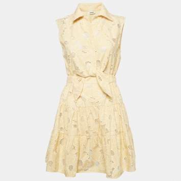 Pre Owned Sandro Yellow Floral Embroidered Cotton Front Tie Mini Dress S