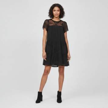 Pre Owned Sandro Black Crepe Lace Detail Round Neck Mini Dress S 