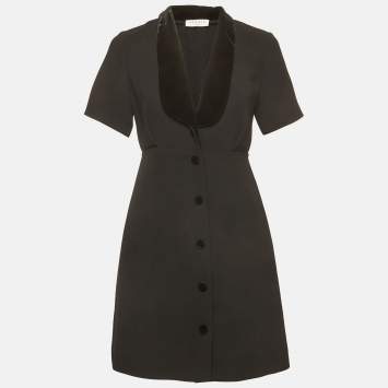 مملوكة مسبقًا Sandro Black Crepe Velvet Trim Shawl Collar Helena Mini Dress S