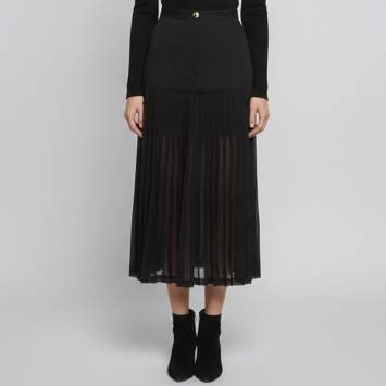Pre Owned Sandro Black Gabardine and Chiffon Pleated Midi Skirt S