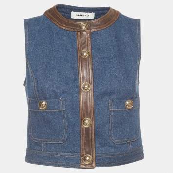 Pre Owned Sandro Blue Portland Denim Leather Trim Sleeveless Top XS
