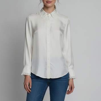 مملوكة مسبقًا Sandro White Silk Plissé Trim Button-Down Blouse XS