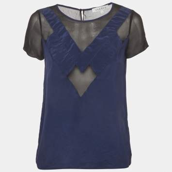 مملوكة مسبقًا Sandro Colo Block Silk Crepe Mesh Inset Short Sleeve Blouse S