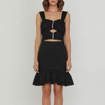 Pre Owned Sandro Black Shimmering Linen Blend Crystal Embellished Ruffled Mini Dress S