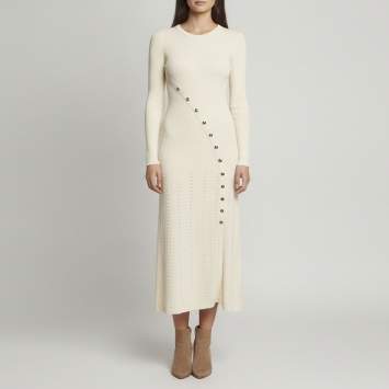 Pre Owned Sandro Cream Rib Knit Long Sleeve Midi Dress S