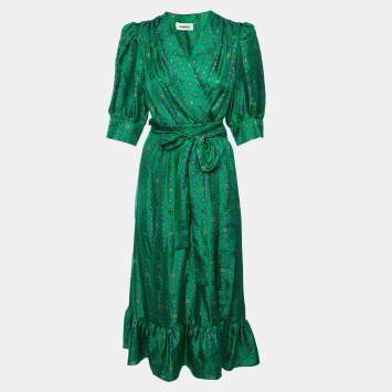 Pre Owned Sandro Green Star Print Silk Midi Wrap Dress XL