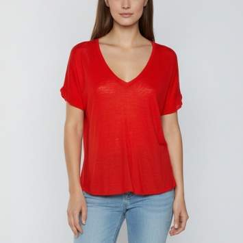 Pre Owned Sandro Orange/Pink Knit & Crepe V-Neck Top M