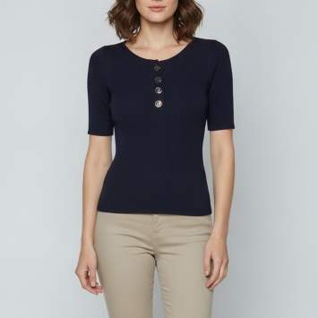 مملوكة مسبقًا Sandro Navy Blue Rib Knit Button Detail Jumper L