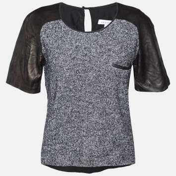 Pre Owned Sandro Black Terry & Leather Short Sleeve Blouse L