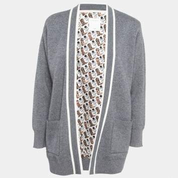 Pre Owned Sandro Grey Contrast Stripe Edge Knit Long sleeve Cardigan S