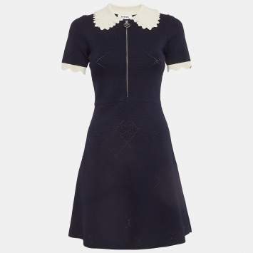 Pre Owned Sandro Navy Blue Patterned Knit Zip-Up Mini Dress S