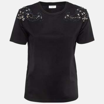 Pre Owned Sandro Black Cotton Knit Crystal Embellished T-Shirt S