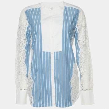 Pre Owned Sandro Blue Striped Cotton & Lace Shirt S