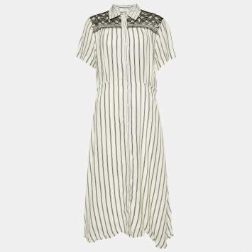 Pre Owned Sandro White Striped Cupro Midi Dress L