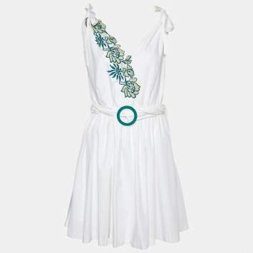 Pre Owned Sandro White Cotton Applique Detail Belted Mini Dress S