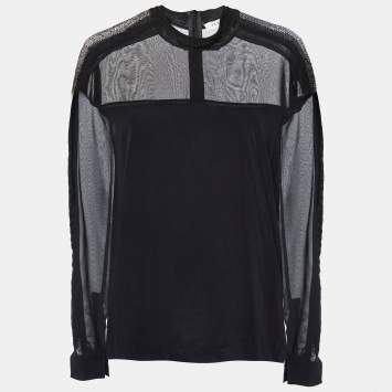 Pre Owned Sandro Black Silk & Knit Paneled Long Sleeve Top M