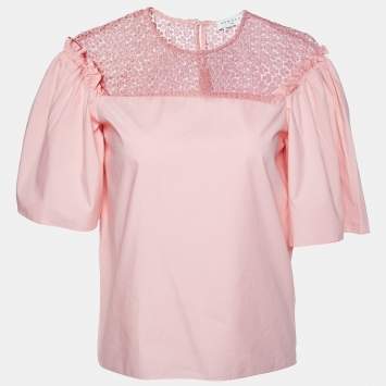 Pre Owned Sandro Pink Cotton Lace Trimmed Blouse XS