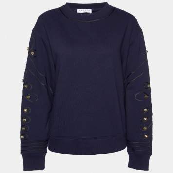Pre Owned Sandro Navy Blue Cotton Blend Knit Embellished Sleeve Sweatshirt S
