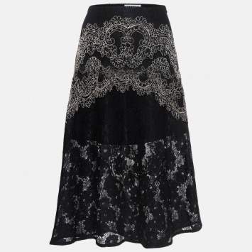 Pre Owned Sandro Black Lace Embroidered Midi Skirt S